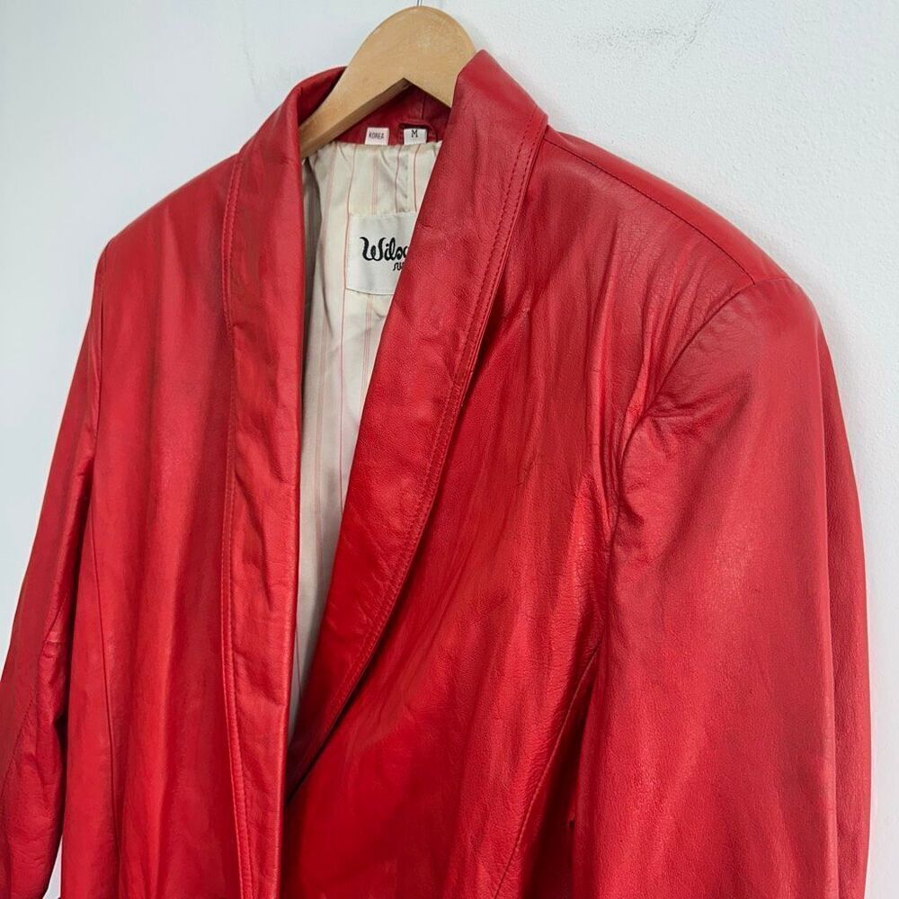 Wilsons Leather Women’s Bright Red Vintage 80s Double Breasted Leather Trench Co - Picture 12 of 16